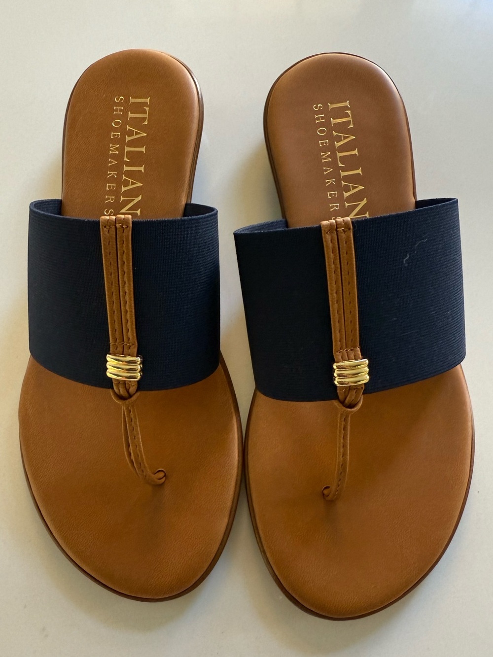 Italian Shoemakers Tan Leather Sandals with Navy Elastic Band- NEW size 6